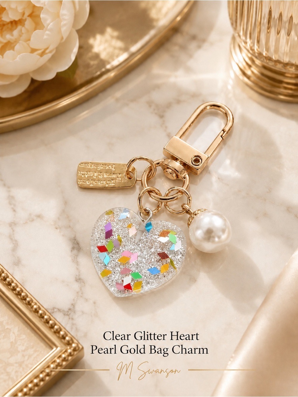 NEW Clear Glitter Heart Pearl Gold Bag Charm Key Ring NWT